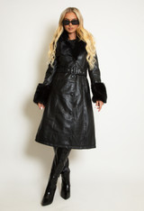 Faux Fur Trim Belted Trench Coat 