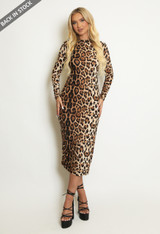 Leopard Print Long Sleeve Midi Dress 