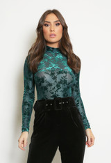 Velvet High Neck Printed Bodysuit