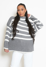Button Shoulder Striped Roll Neck Jumper 