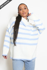 Button Shoulder Striped Roll Neck Jumper 