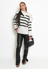 Button Shoulder Striped Roll Neck Jumper 