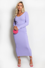 V-Neck Ribbed Knit Midi Dress