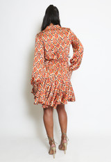 Retro Print Belted Flared Shirt Dress