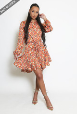 Retro Print Belted Flared Shirt Dress