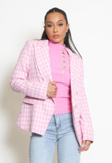 Woven Dogtooth Check Double Breasted Blazer