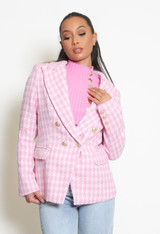 Woven Dogtooth Check Double Breasted Blazer