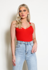 V Neck Ribbed Bodysuit With Buckle