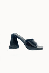 Black Sculptured Flare Block Heel Mules