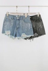 Embellished Frayed Hem Denim Shorts