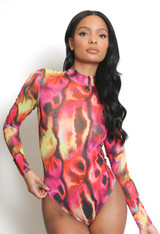 Printed Long Sleeve Sheer Bodysuit