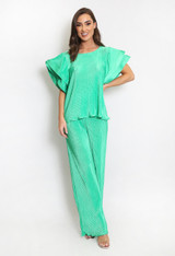 Exaggerated Sleeve Plisse Trouser Set
