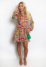 Tribal Print Belted Shirt Dress