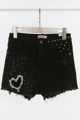 Black Cut Out Diamante Heart Denim Shorts