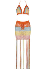 Multicoloured Crochet Bralet And Tassel Skirt Set