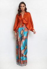 Tie Front Blouse And Printed Wide Leg Trouser Set