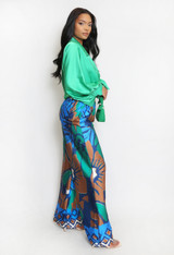 Tie Front Blouse And Printed Wide Leg Trouser Set