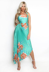 Floral Print Pleated One Shoulder Maxi Dress