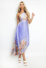 Floral Print Pleated One Shoulder Maxi Dress