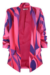 Retro Print Ruched Sleeve Open Blazer