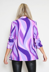 Retro Print Ruched Sleeve Open Blazer