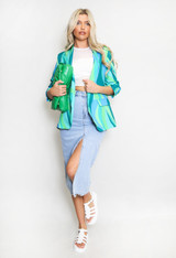 Retro Print Ruched Sleeve Open Blazer
