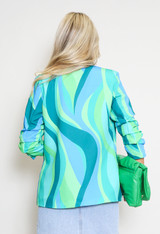 Retro Print Ruched Sleeve Open Blazer
