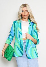 Retro Print Ruched Sleeve Open Blazer