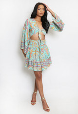 Silk Paisley Print Tie Blouse And Skirt Set