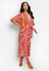 Orange Printed Tie Front Wide Leg Jumpsuit