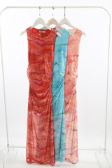 Ruched Tie Dye Print Side Slit Maxi Dress