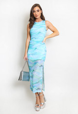 Ruched Tie Dye Print Side Slit Maxi Dress