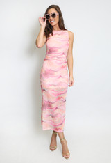 Ruched Tie Dye Print Side Slit Maxi Dress