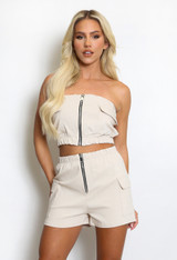 Zip Bandeau Crop Top And Cargo Shorts Set