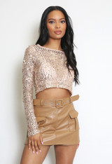 Sequin Round Neck Crop Tops