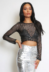 Sequin Round Neck Crop Tops