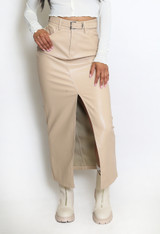 PU Front Slit Belted Midi Skirt