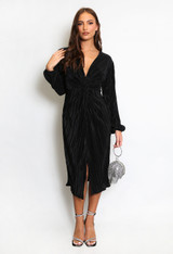 Plisse Twist V-Neck Midi Dress
