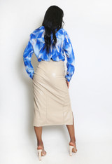 Button Side Faux Leather Midi Skirt