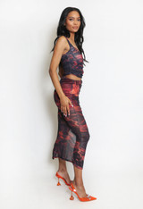 Tie Dye Mesh Ruched Side Slit Maxi Skirt