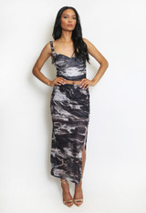 Tie Dye Mesh Ruched Side Slit Maxi Skirt