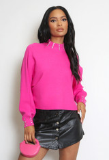 Diamante Trim High Neck Knitted Jumper