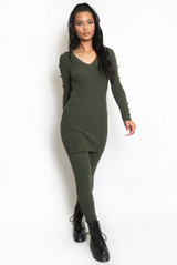 Button Sleeve Ribbed Long Jumper And Leggings Set