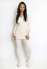 Button Sleeve Ribbed Long Jumper And Leggings Set