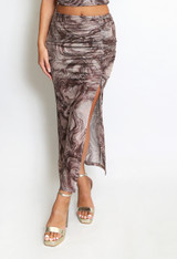 Printed Mesh Ruched Side Slit Maxi Skirt
