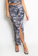 Printed Mesh Ruched Side Slit Maxi Skirt