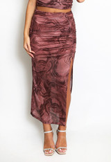 Printed Mesh Ruched Side Slit Maxi Skirt