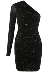 Black Embellished One Shoulder Mini Dress