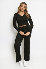 Ribbed Cardigan and Wide Leg Trouser Set