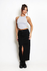 Front Slit Pocketed Denim Midi Skirt